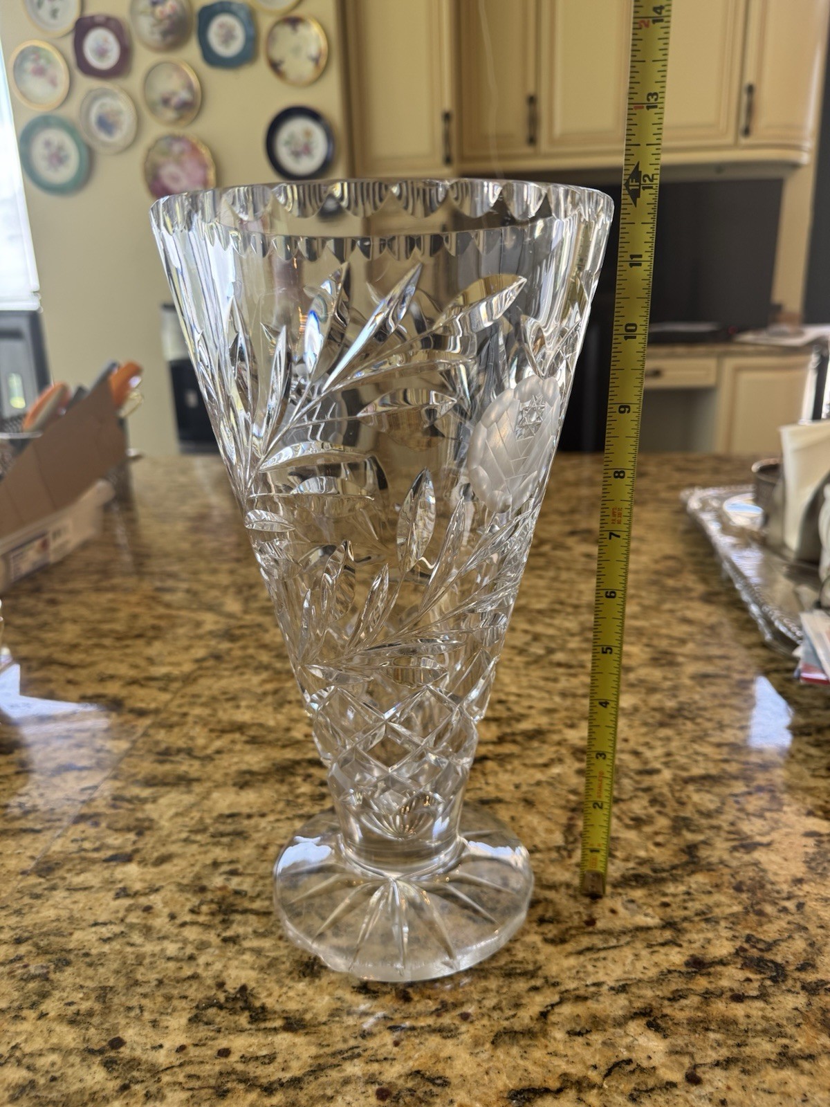 Vintage Large 12″ Bohemian Sunflower Heavy Leaded Clear Crystal Vase 6 Lbs.