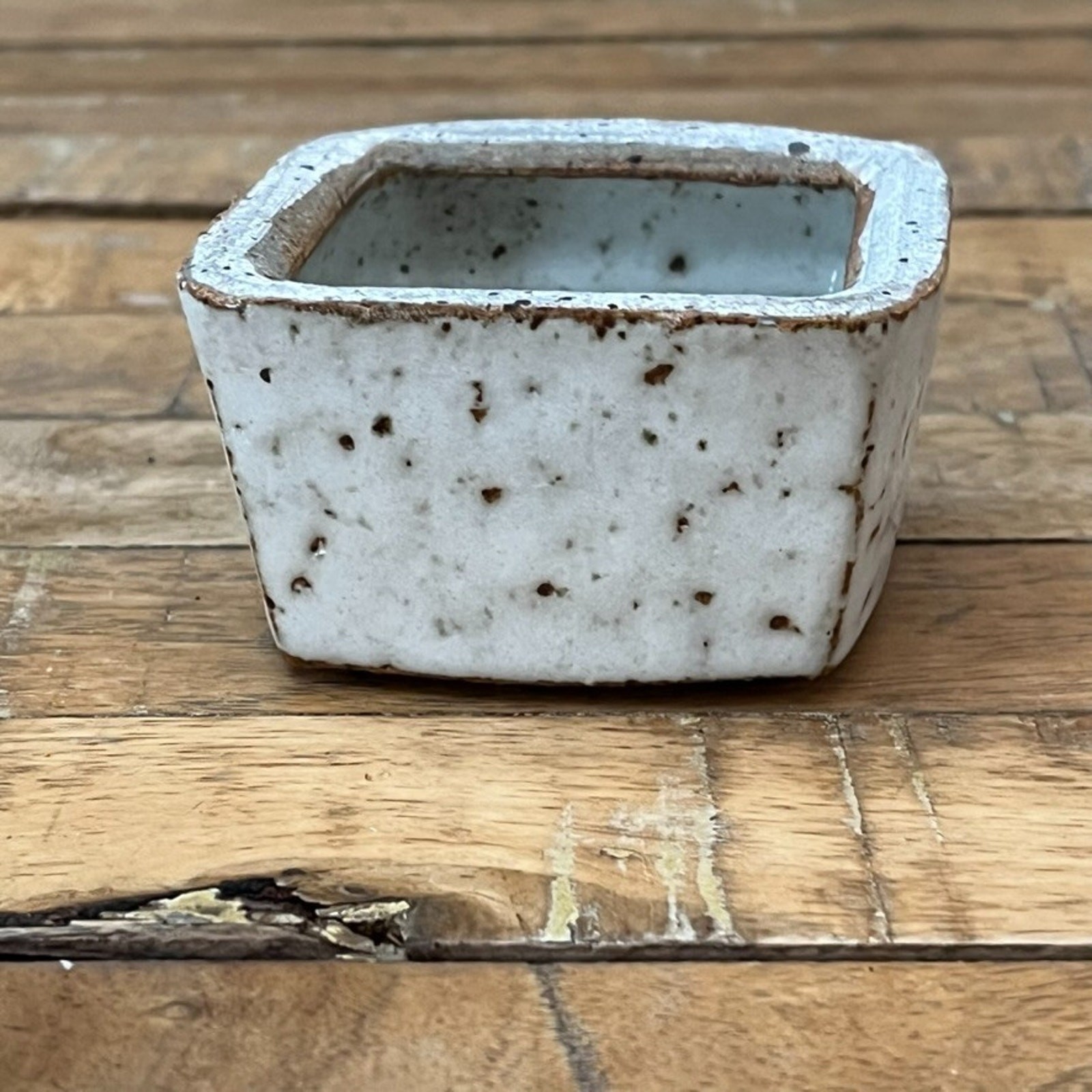 Art Studio Small Stoneware Container Planter 3″ Square White Speckled Signed