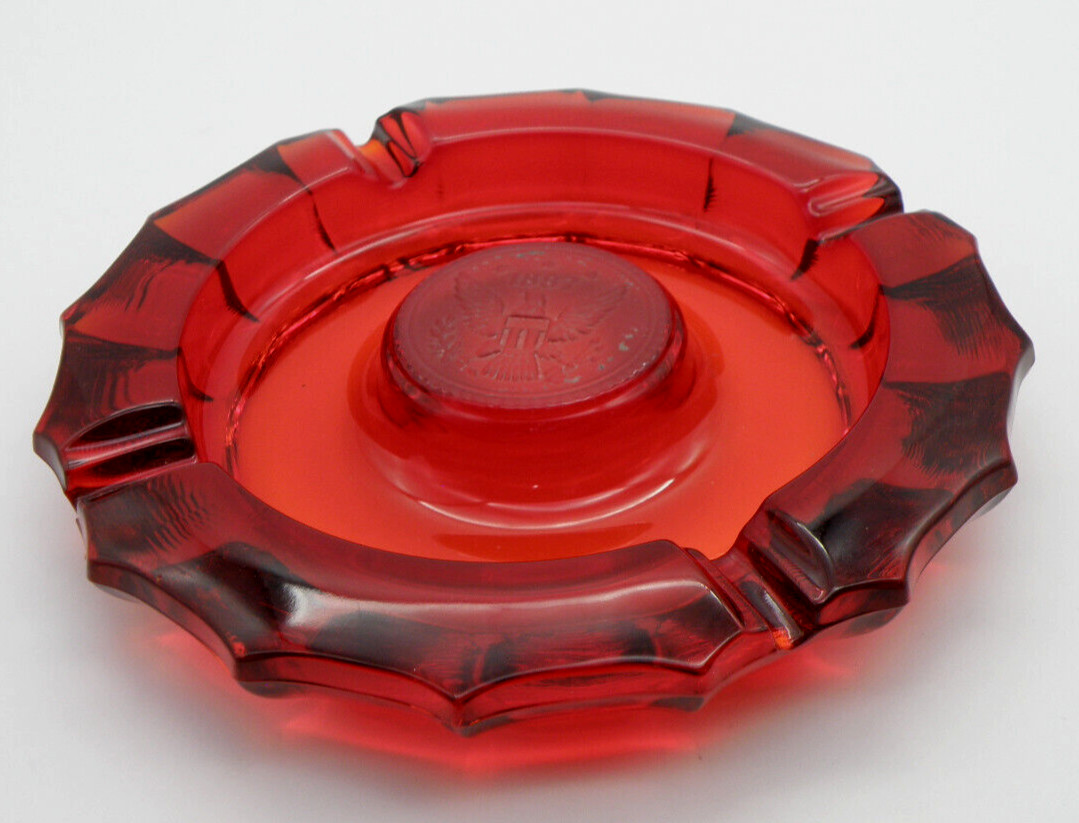 Vtg Ruby Red FOSTORIA American Eagle Coin 1887 Glass Cigar Cigarett Ashtray 7.5″