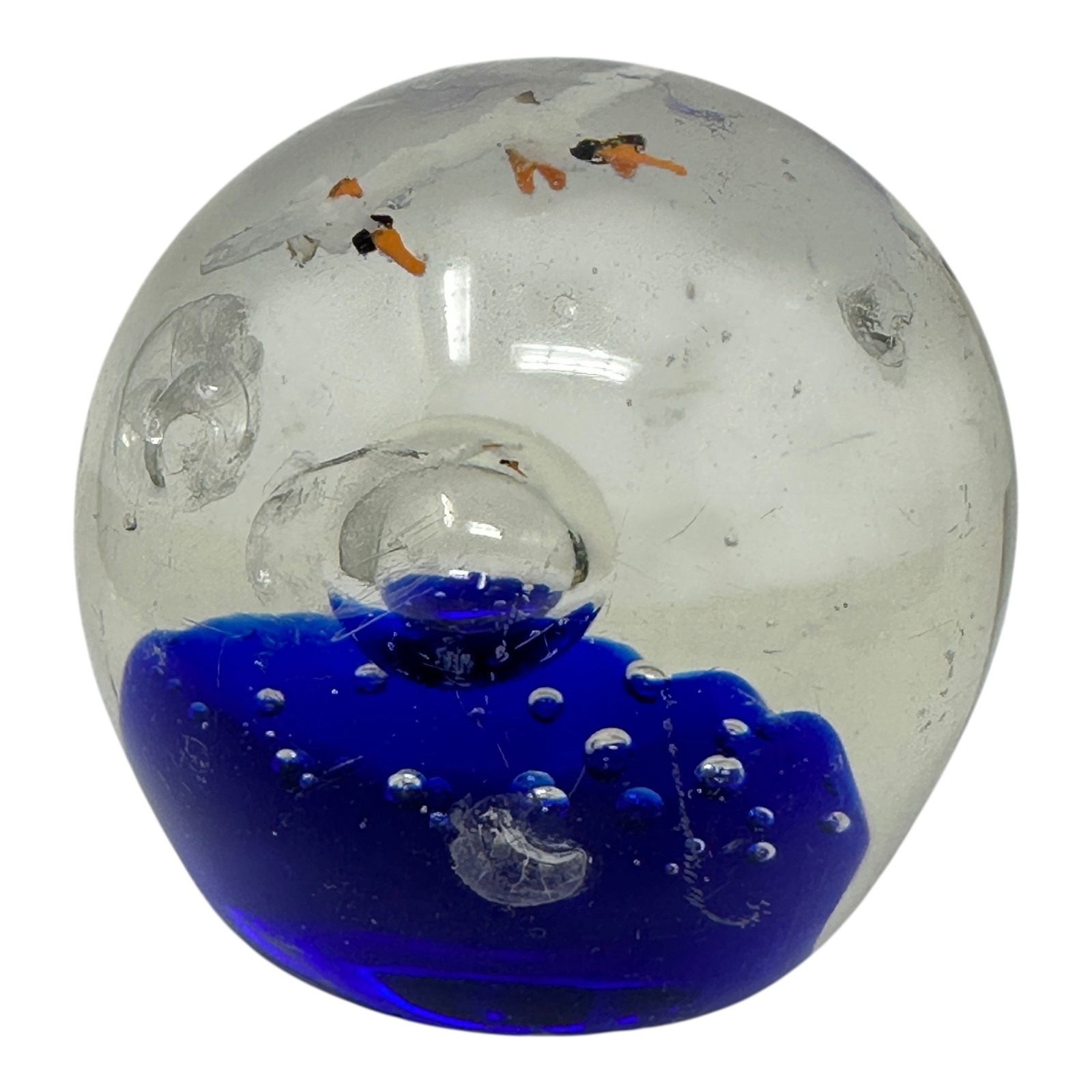 Vintage Art Glass Paperweight Cobalt Blue Seagulls Ocean Scene Bubbles 2½”
