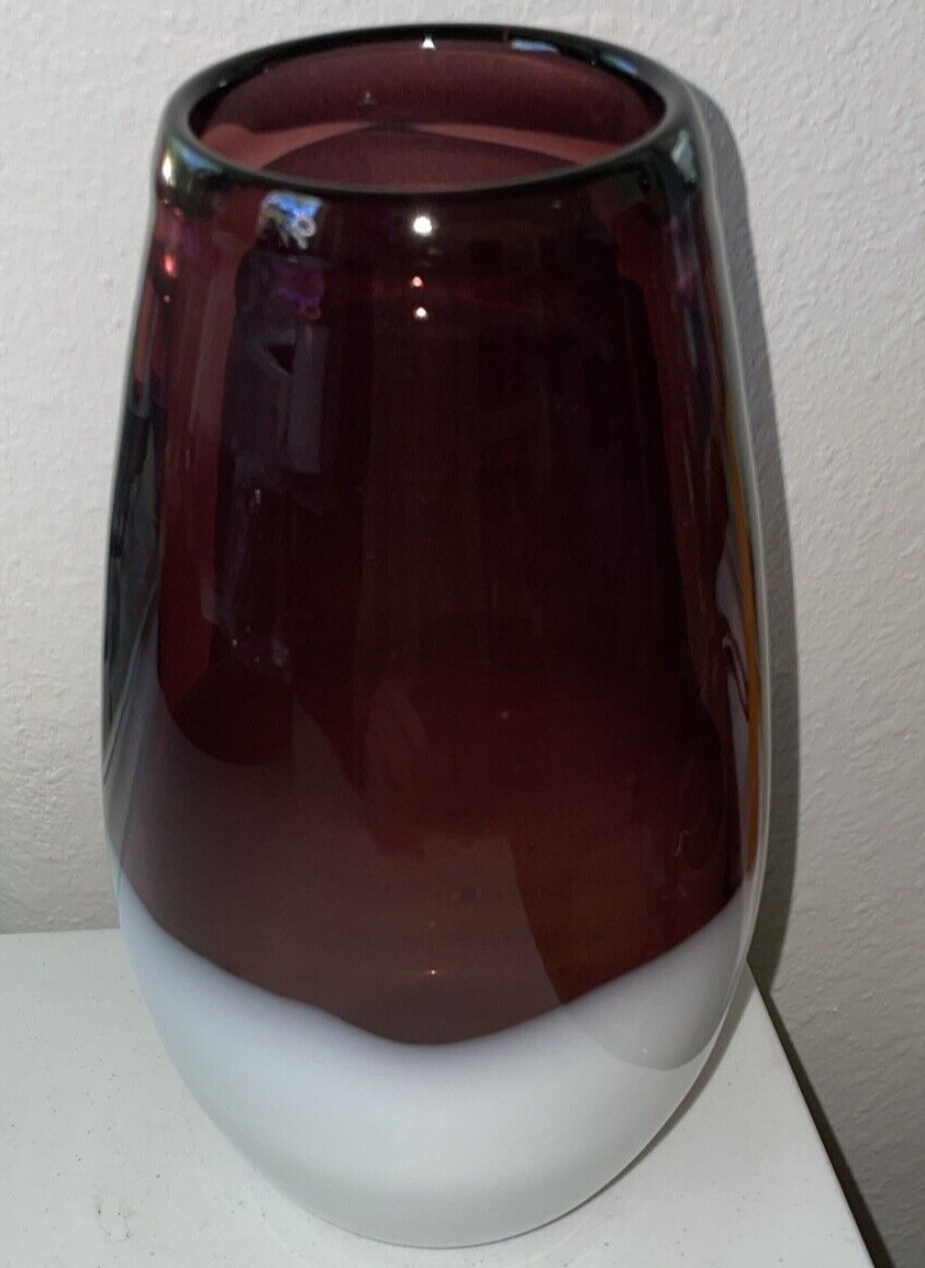 THRESHOLD Hand Blown Art Glass Amethyst And White Heavy Weighted Vase 8.25″ Tall