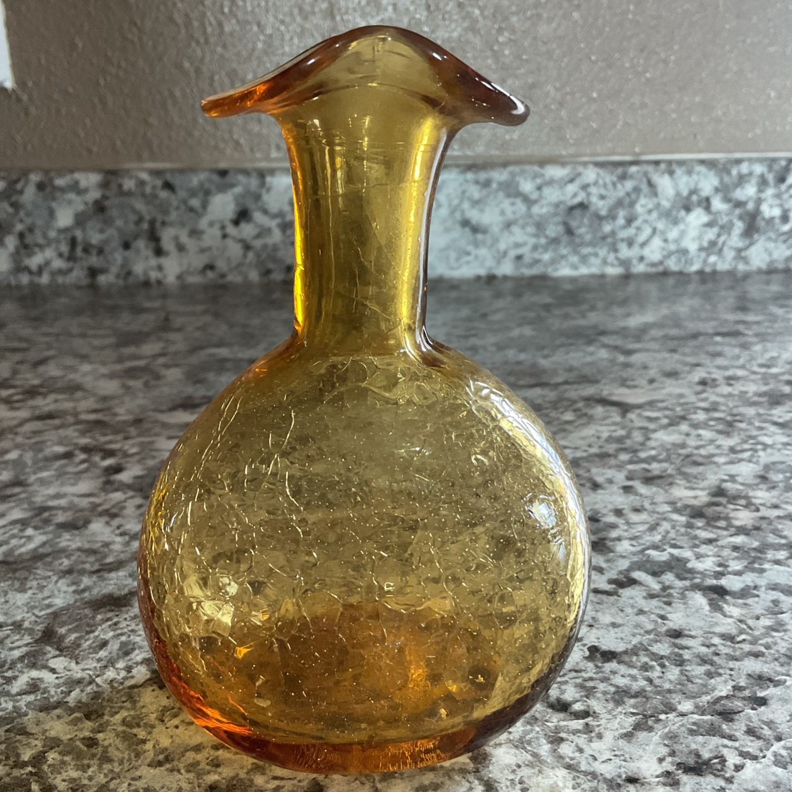 Hand Blown Amber Crackle Glass Vase Fluted Opening
