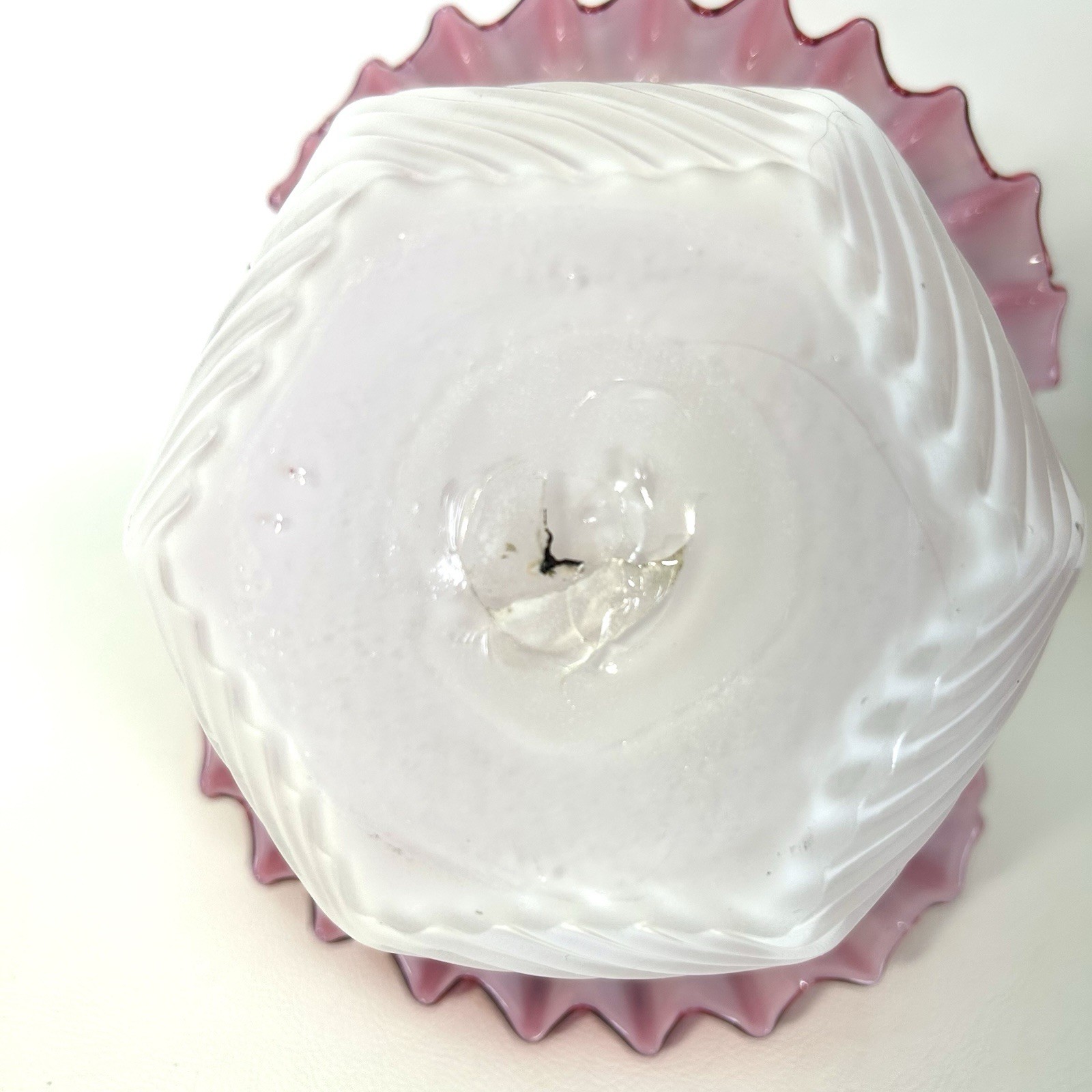 Antique Victorian Cranberry Art Glass Basket w Thorn Handle Ruffled Edge Hexagon