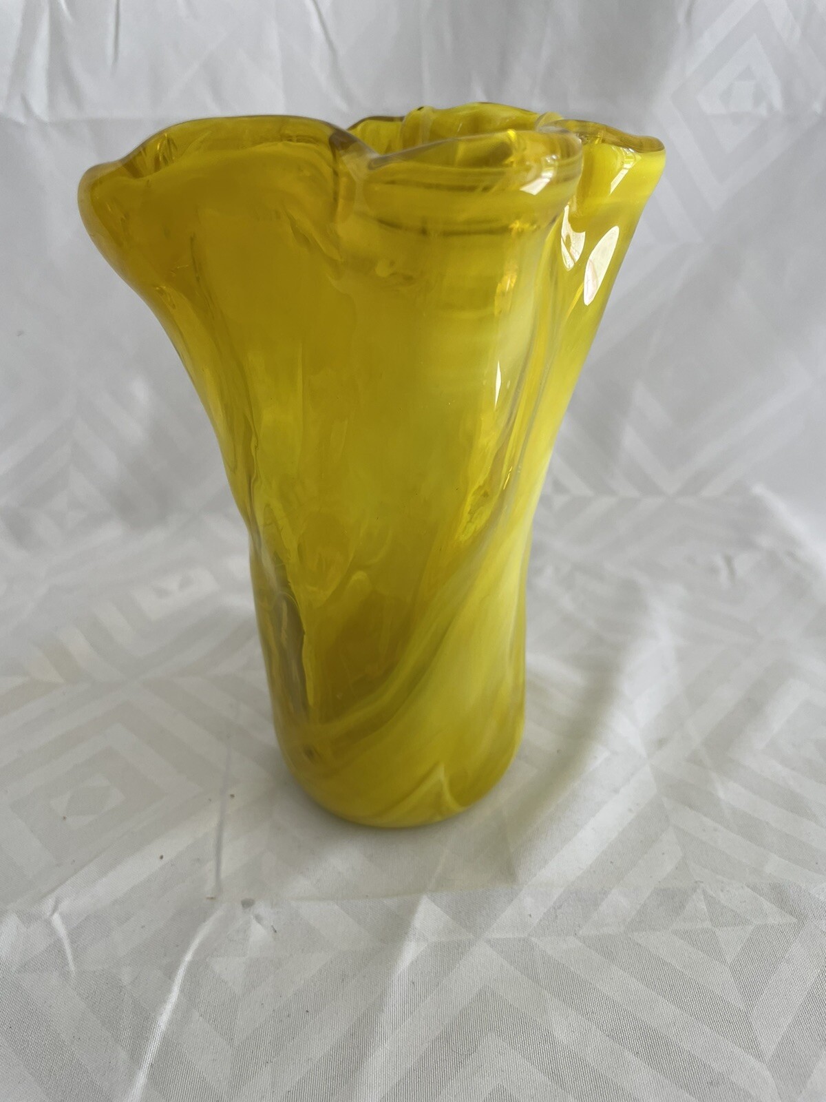 Fluorescent Yellow and White Swirl 6.5” tall Glass Vase, Made in Italy
