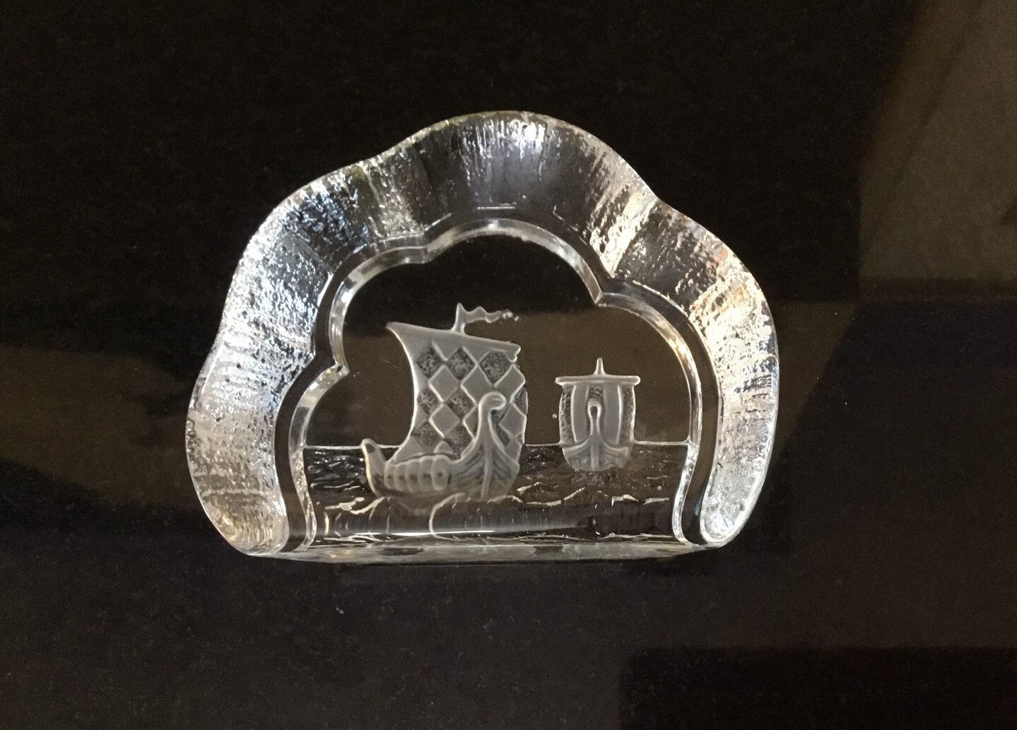 Nybro Sweden Crystal Viking Ships Paperweight Signed 4.5×3.25 Inches