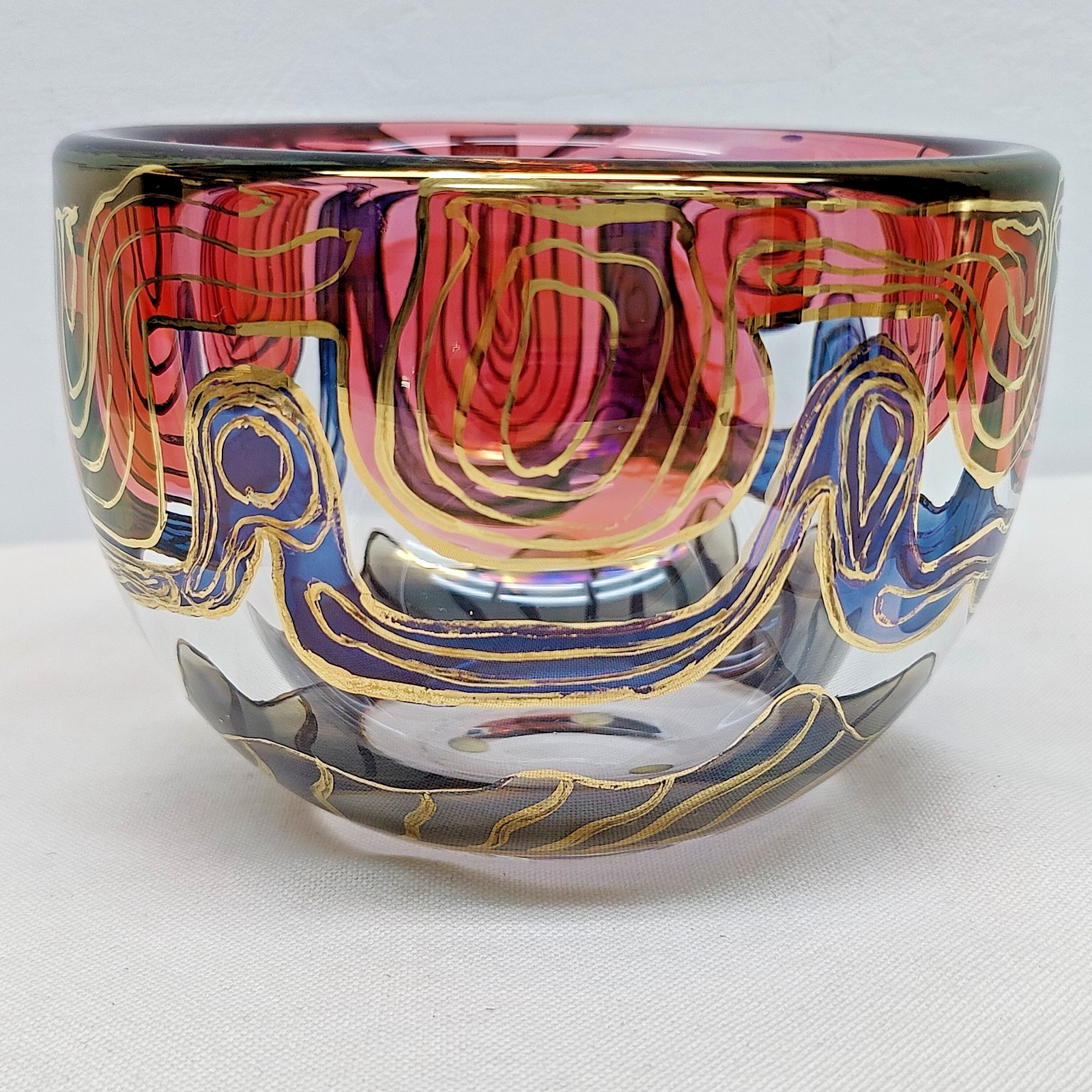 Orrefors Expo Jan Johansson Bowl Vase The Sea Pattern Red Blue Green Gold RARE