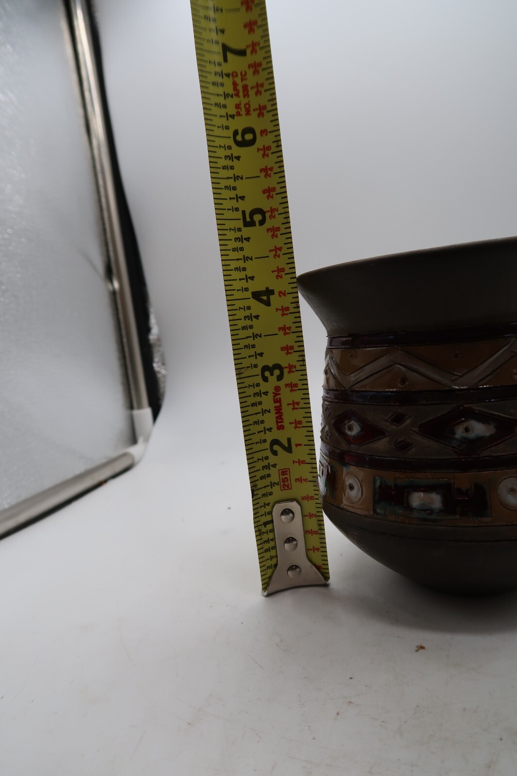 Vintage Clay Handled Cup W/ Tribal Design and Flash Glazed Interior
