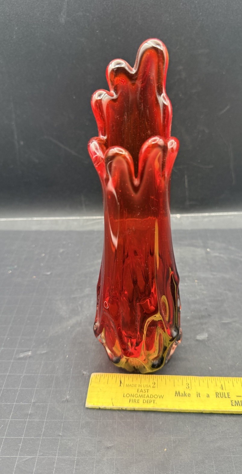 Vintage Rare Flat Bottom 7 Finger Amberina 9” Swung Vase Glows No Chips