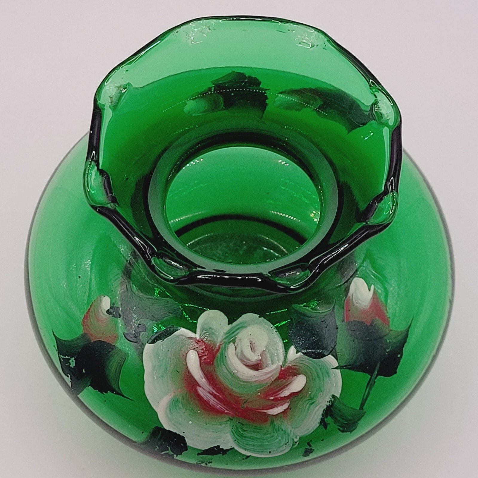 Crimp Ruffle Rim Bud Vase Hand Painted Roses Forest Green Glass Anchor Hocking