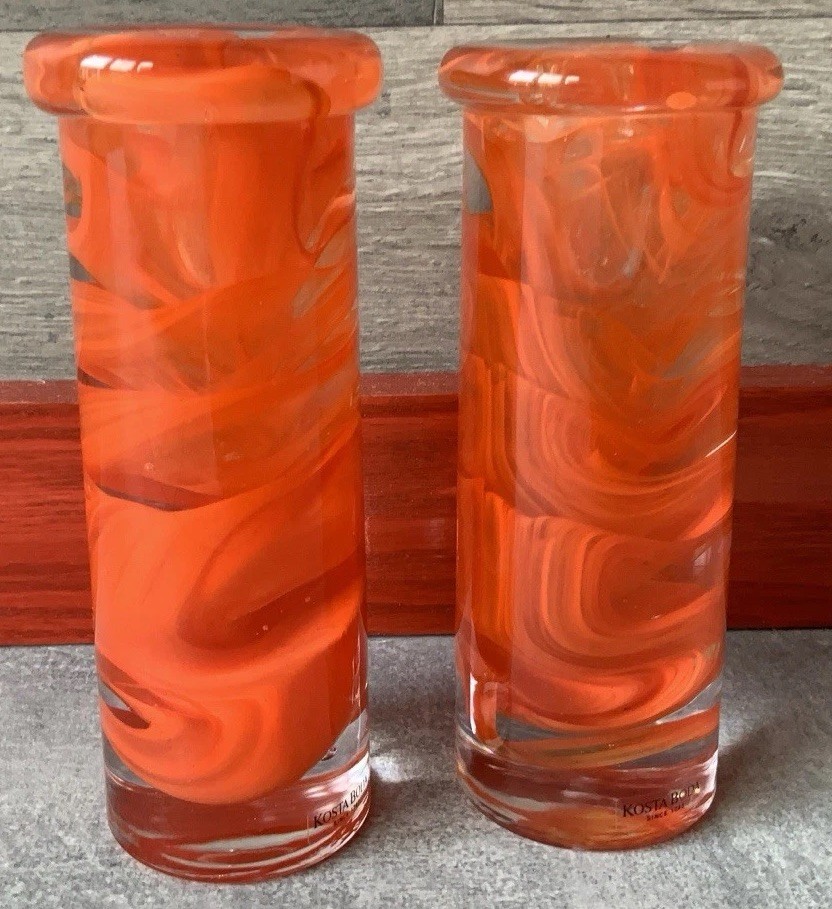 Kosta Boda Atoll Swirl Candle Stick Holders Orange Set of 2 Anna Ehrner? Sweden