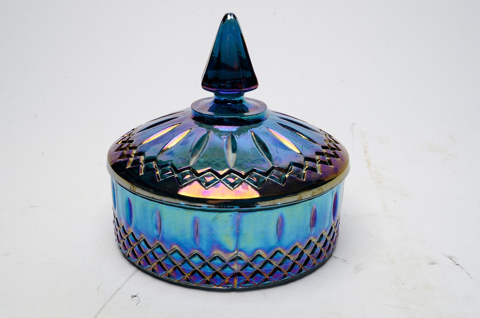 Vintage Indiana Glass Princess Blue Carnival Glass Candy Dish Lid Chips READ