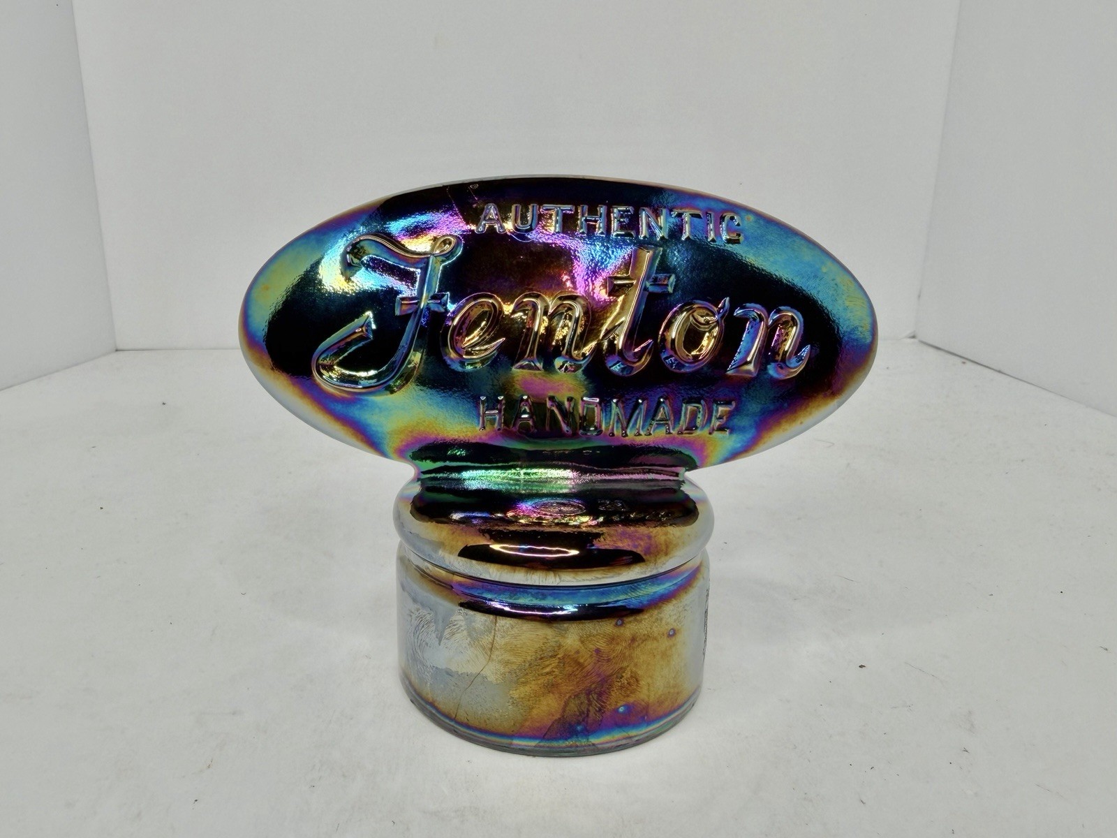 Vintage Authentic Fenton Iridescent Amethyst Carnival Art Glass Logo Dealer Sign
