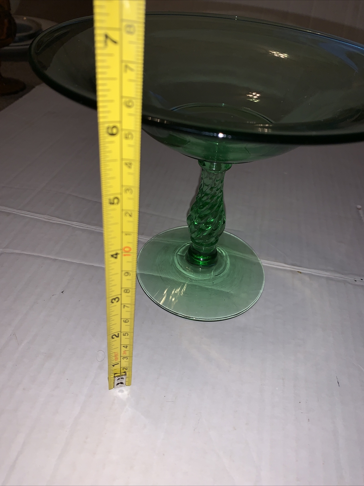 FOSTORIA GLASS CO. FAIRFAX GREEN #2327 7-3/8″ DIAMETER TWIST STEM TALL Compote