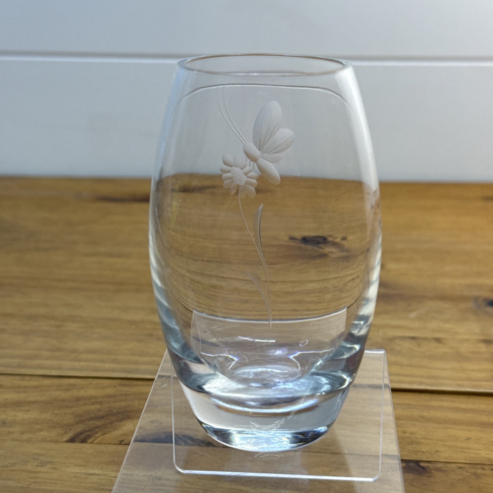 Contemporary Clear Glass Vase Etched Butterfly Floral Design Heavy Base