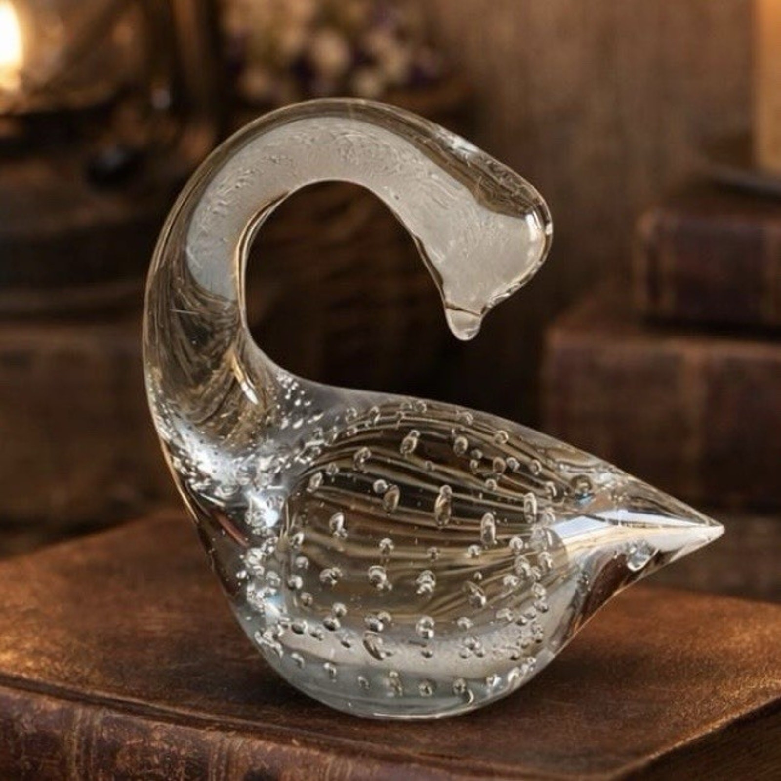 VTG Art Glass Clear Duck Swan Paperweight Bird Figurine Farmhouse Cottage Decor