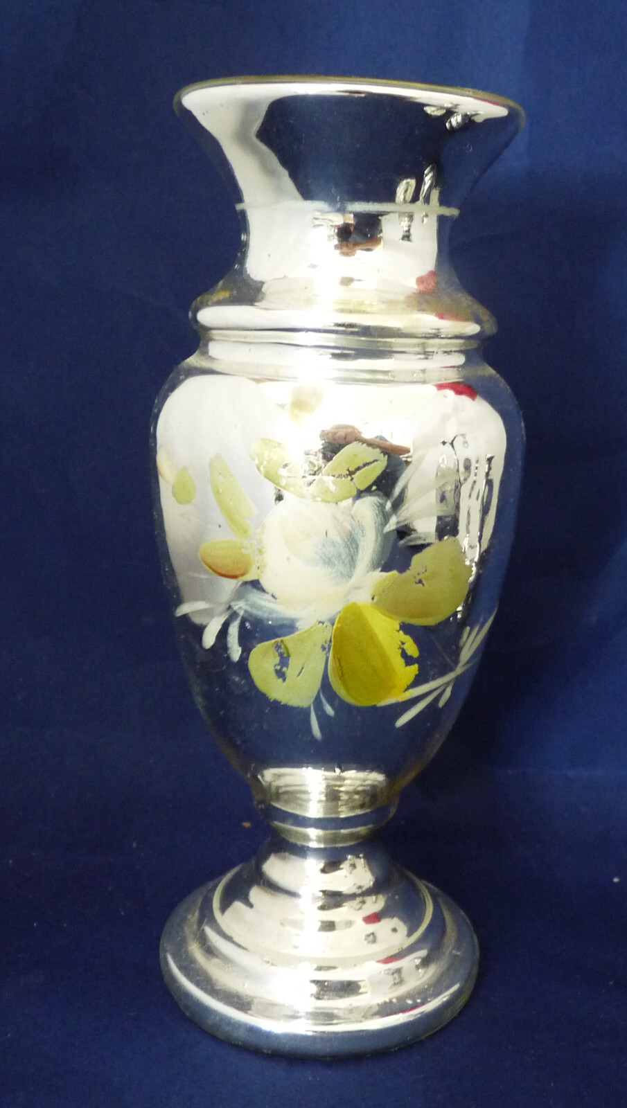 Antique Silver Mercury Glass Vase Hand Painted 7 1/4″ Inch Floral hand painted