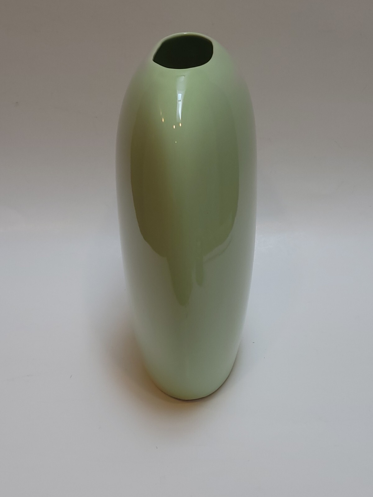 Vintage 1980s Oval Light Green Vase, Japan, 8 3/4 Inches Tall, Retro, Modern