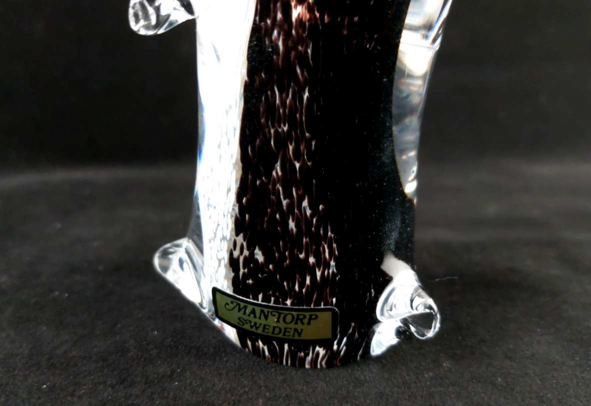 Vintage Mantorp Sweden Art Glass Penguin, Black White Clear, 5 Inches