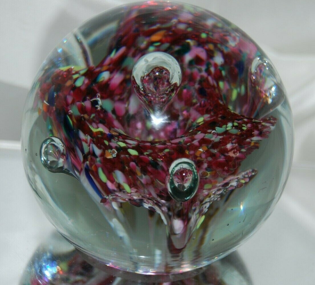 VTG HAND BLOWN PAPERWEIGHT TRUMPET FLOWER MULTICOLOR CONFETTI CONTROLLED BUBBLES