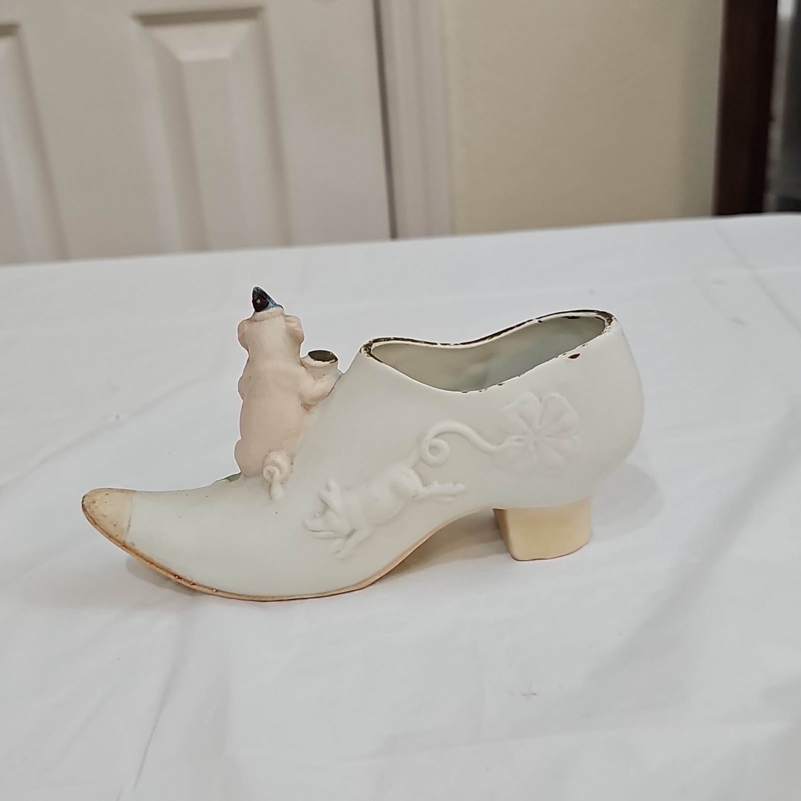 Ceramic Shoe Pig Figurine, Animal Theme, White Green Pink Blue