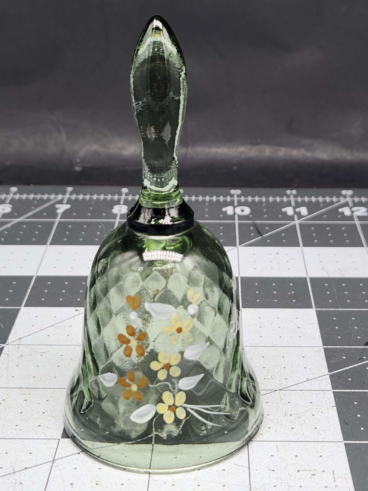 Fenton green Diamond Point Optic Glass Signed Marilyn Wagner- Mother Bell