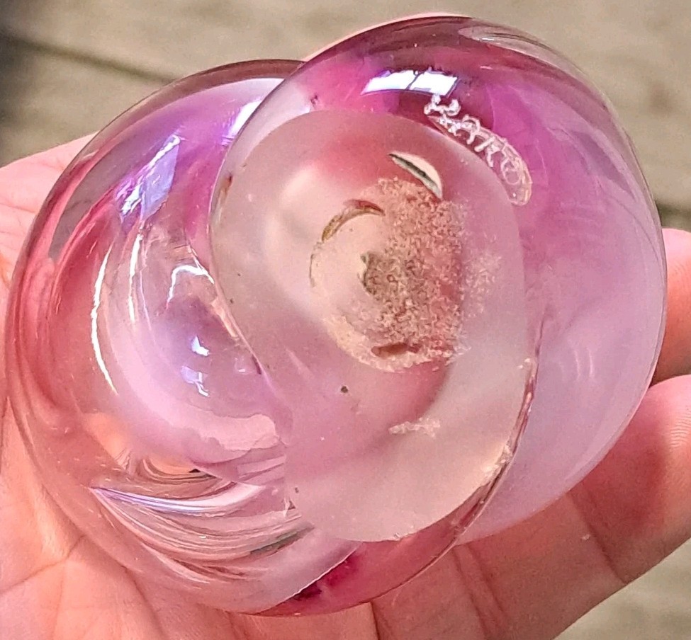 Pink Purple Clear Art Glass Paperweight Nautilus Shell Swirl 3 1/4” Signed