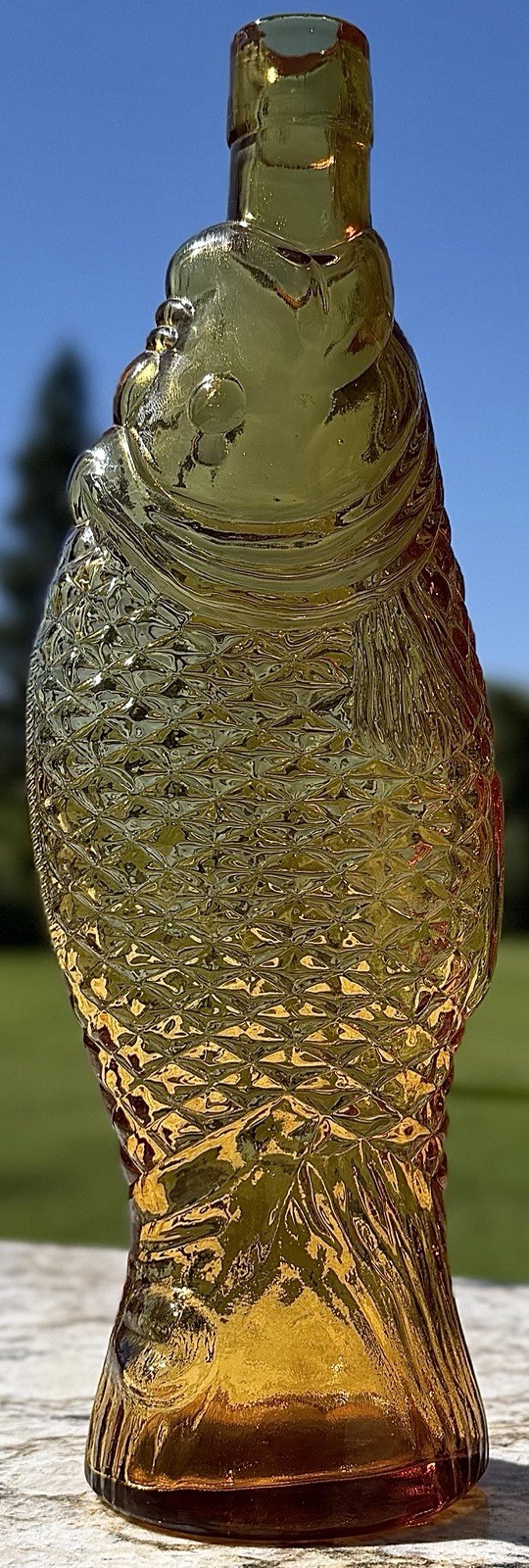 Vintage Amber Fish Glass Bottle Decanter Vase Nautical Barware Decor 12 in