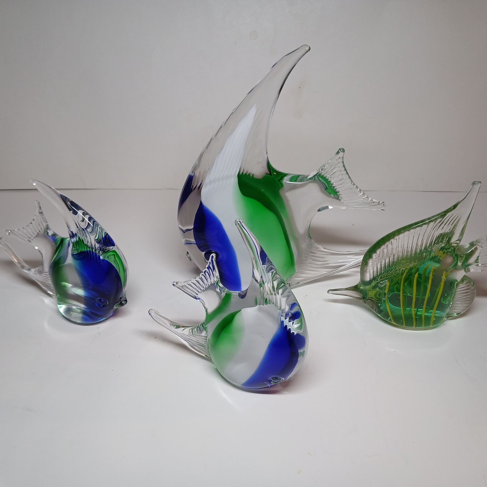 Lot of 4 Vintage Murano Style Glass Angelfish Figurines Blue, Green, White,Clear