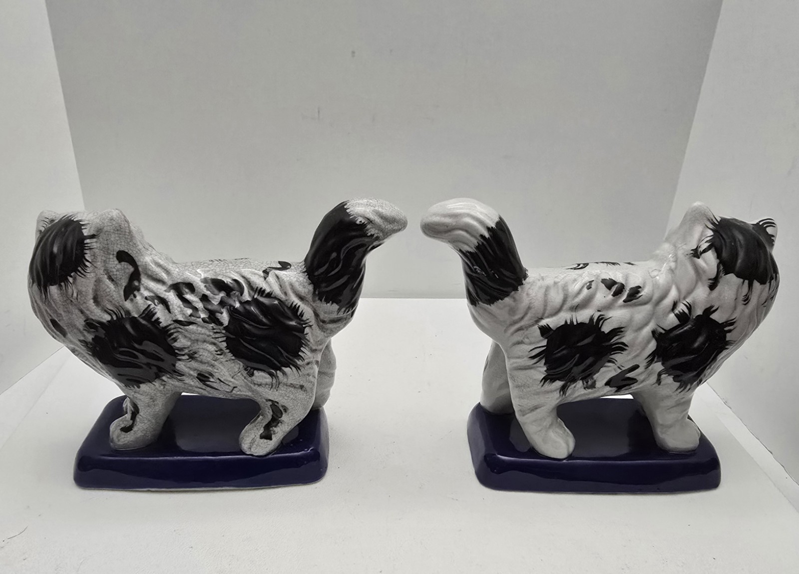 Pair of Vintage Black and White Staffordshire Style Cats on Blue Bases Porcelain
