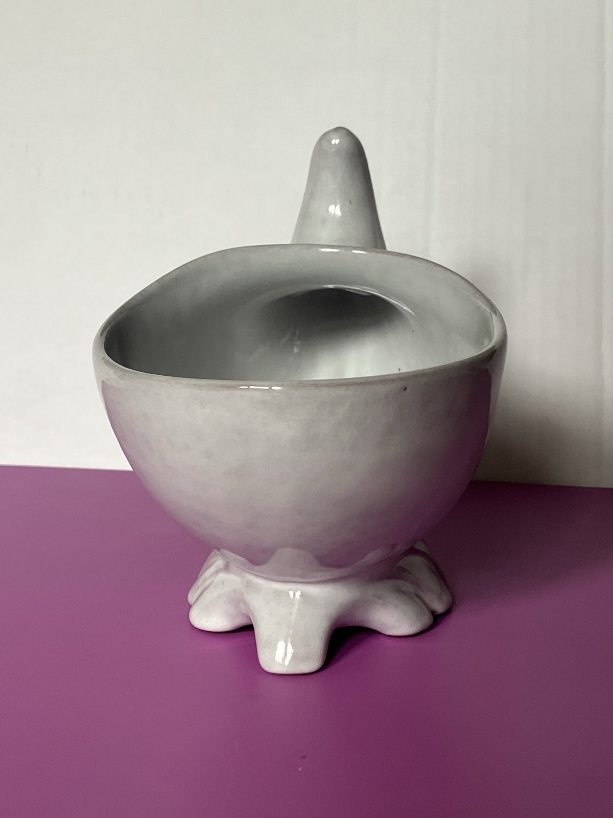 Glazed Gray Pottery Footed Cornucopia Vase 5 X 6 Inches
