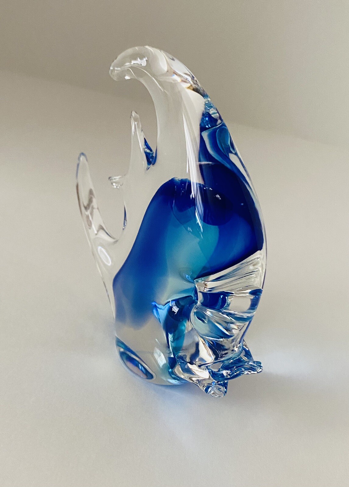Murano Handcraft Blown Art Glass Figurine Blue Clear Angel Fish, See Listing
