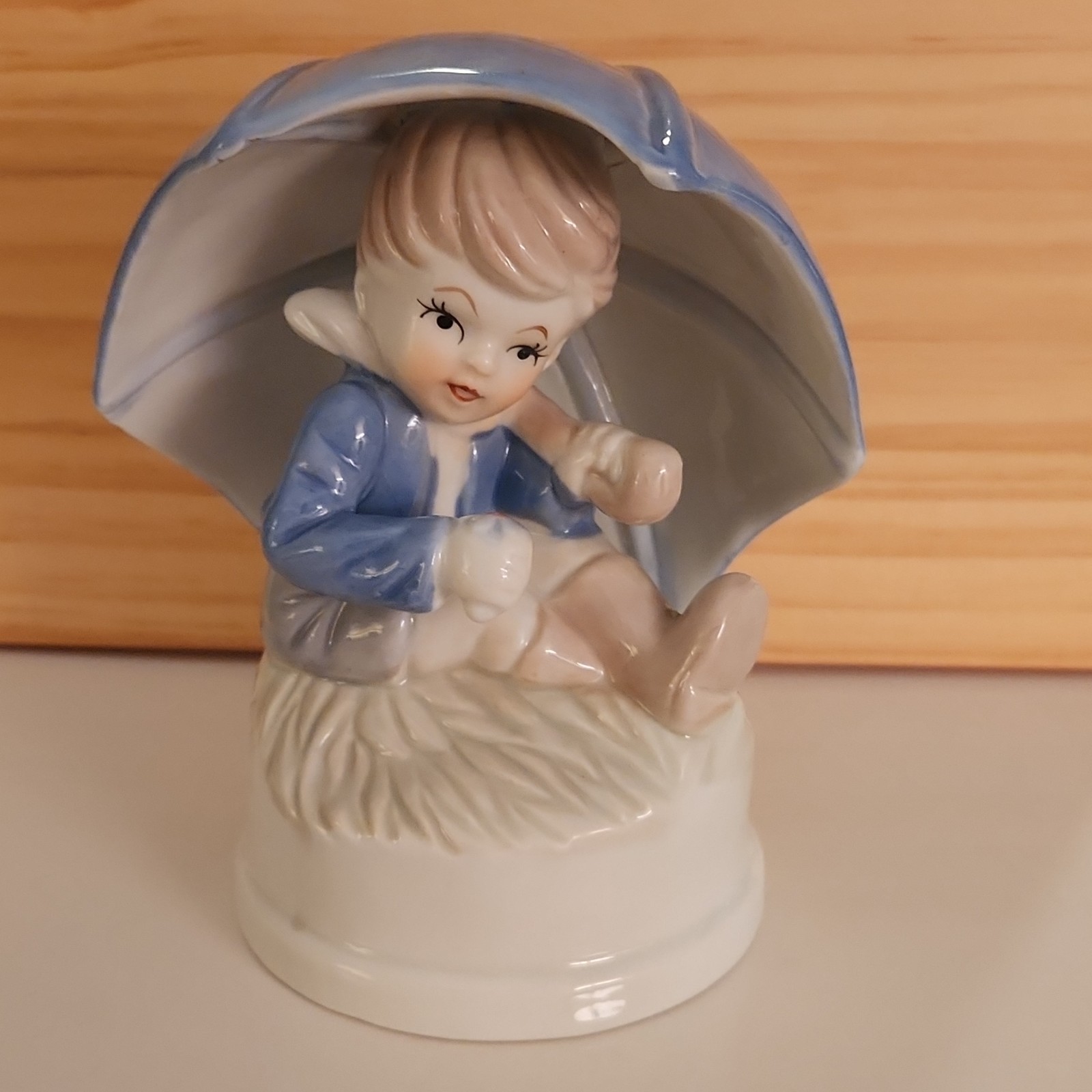 Vintage Mid Century Porcelain Boy Under Umbrella Music Box Figurine Topper ONLY