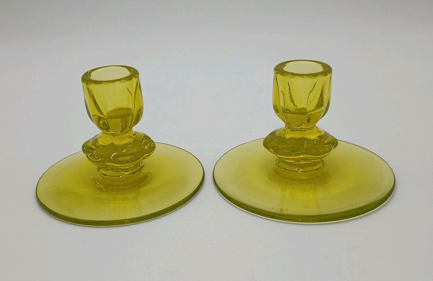 Duncan & Miller Chartreuse Vaseline Glass Canterbury Candlesticks Set of 2 USA