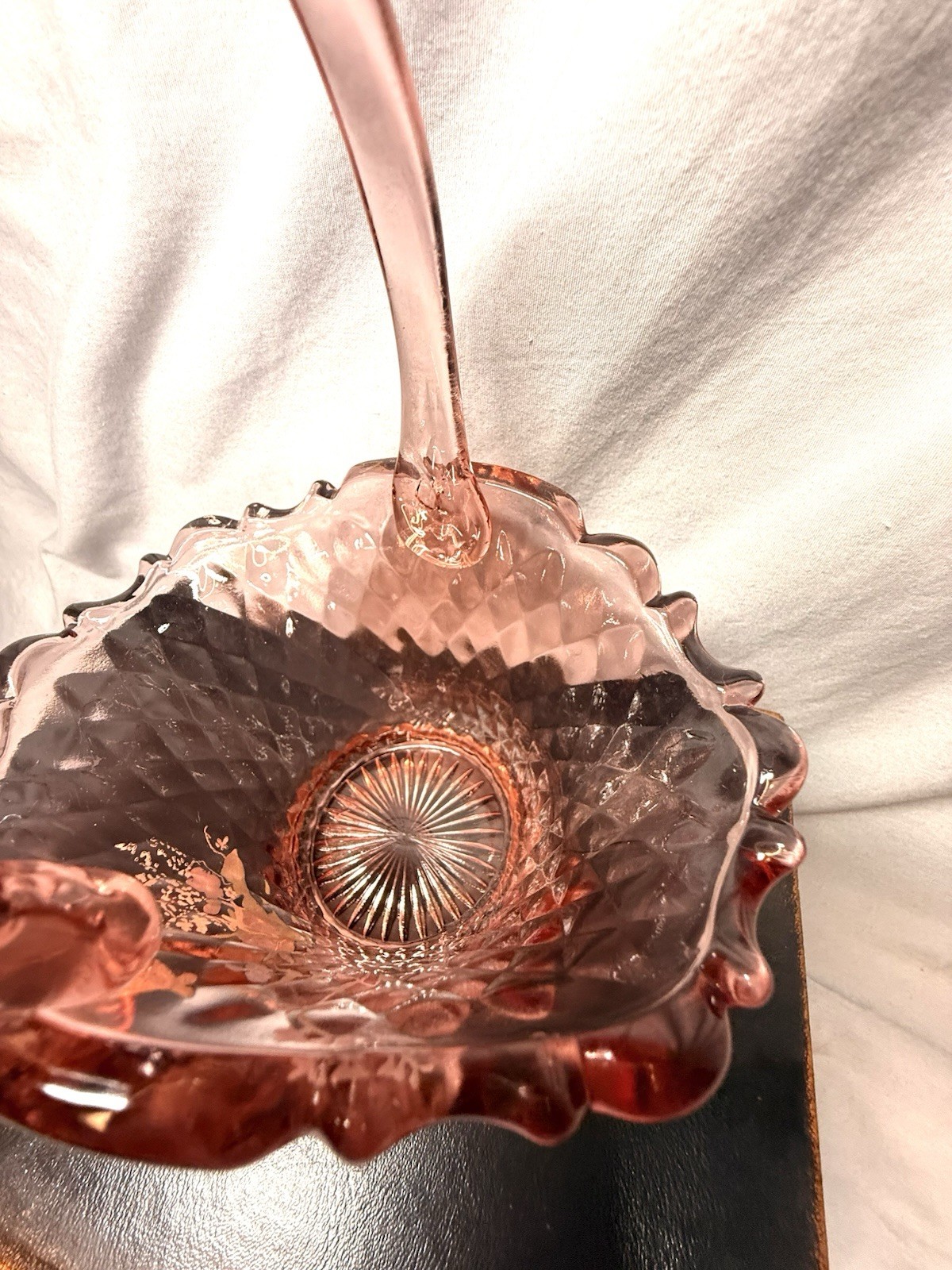Vintage 1980’s Fenton Pink Diamond Glass Basket Hand Painted Butterfly Floral