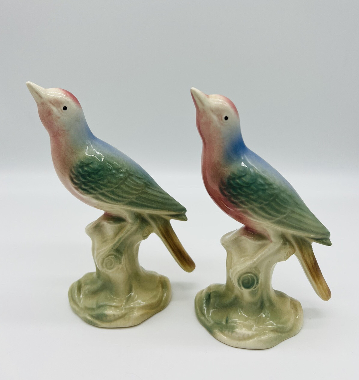 Vintage Pair of Royal Copley Birds Flycatcher Figurine Pink Blue Green MCM