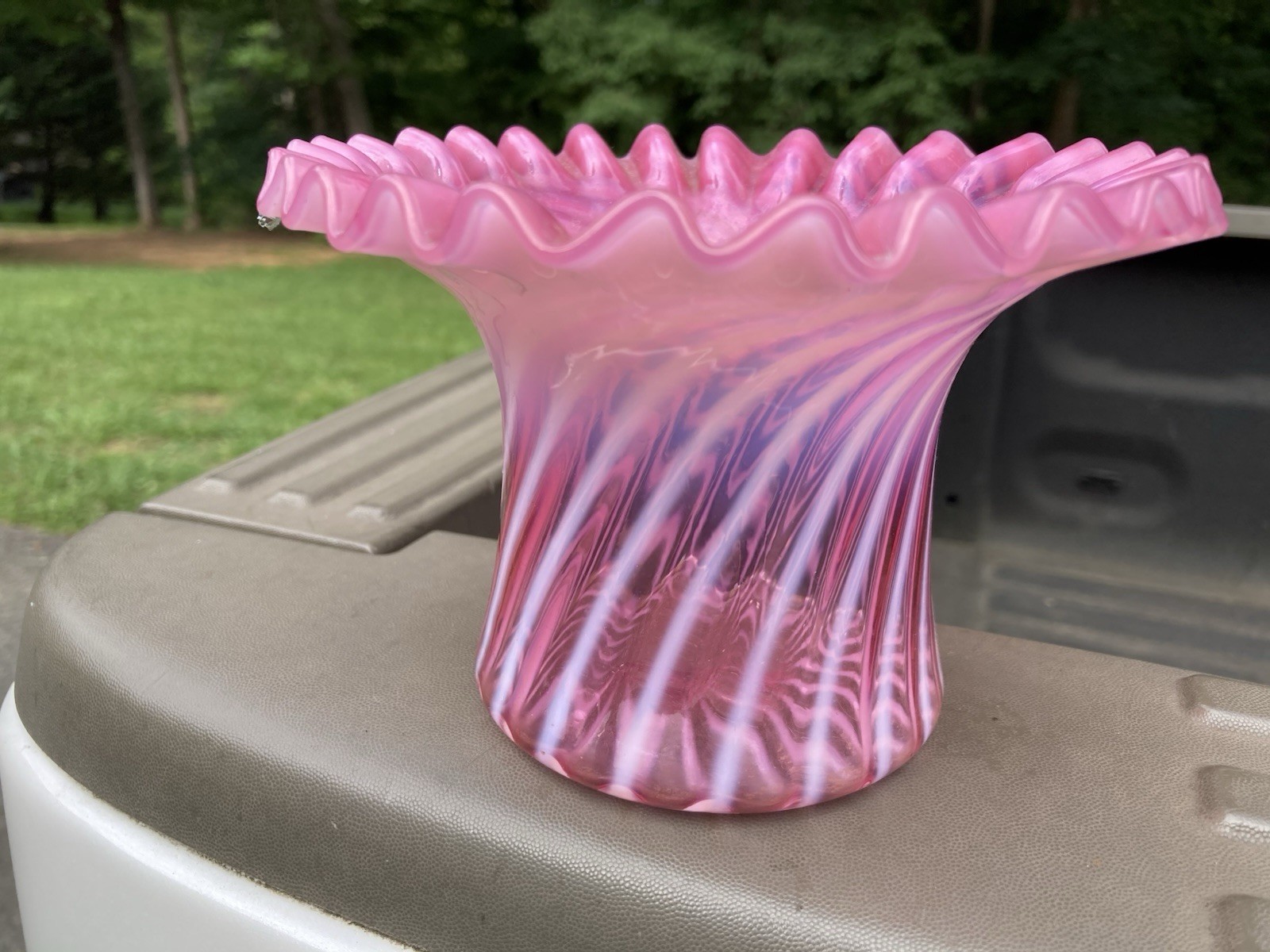 Vintage Fenton Cranberry Opalescent Striped Hat Vase / Candy Ribbon Edge