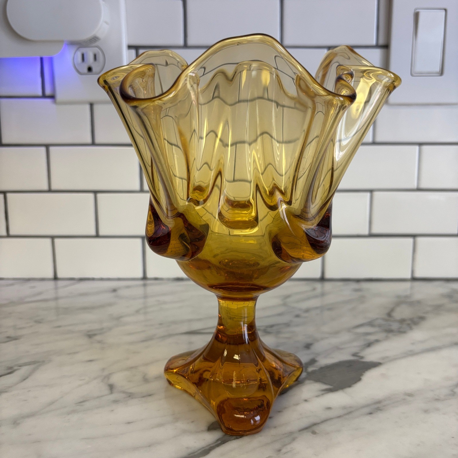 Viking Amber Glass Handkerchief Dish Vase 8″ Six Petal Pedestal MCM