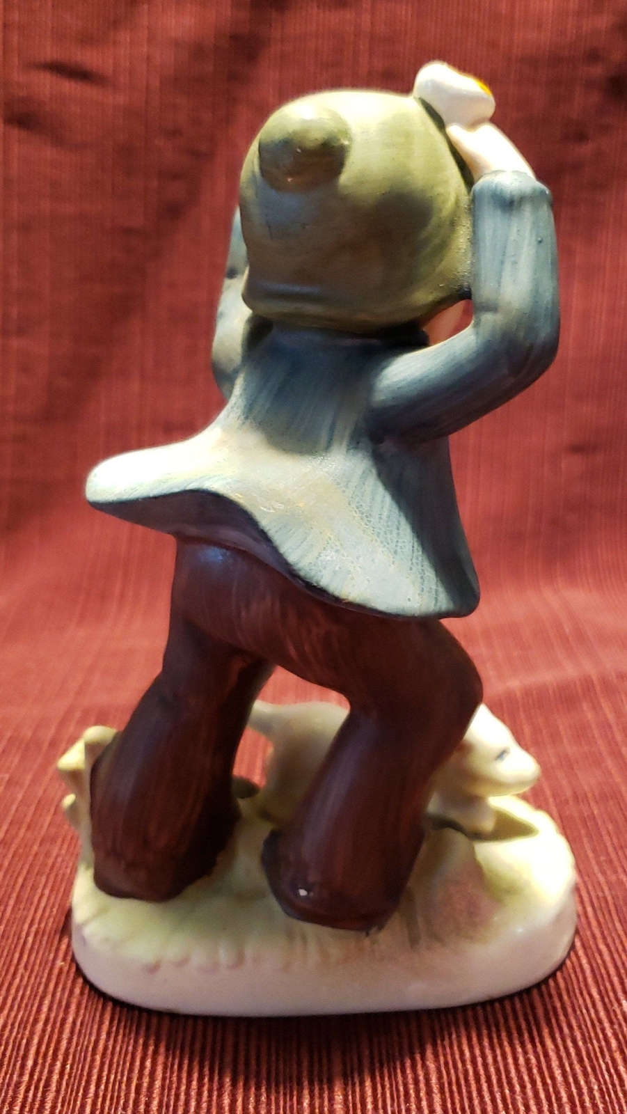 Vtg Unsigned Hand Painted Ceramic Boy Holding His Hat Walking Against The Wind