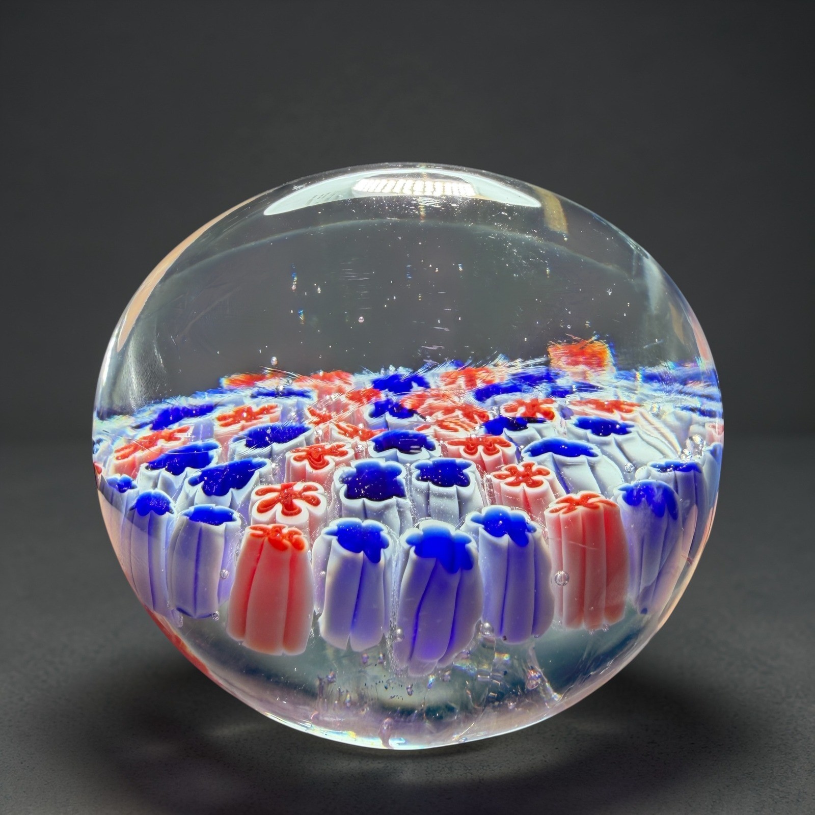 Vintage Millefiori Art Glass Paperweight Red White Blue Floral Canes Venetian