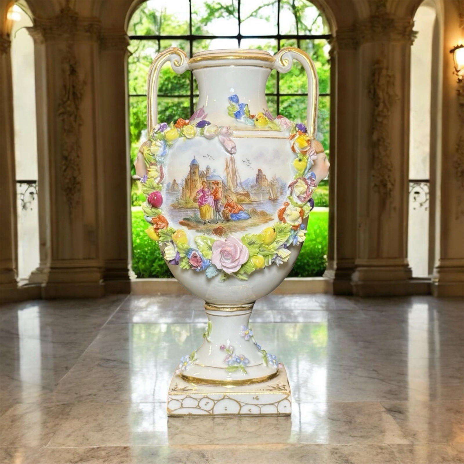 Antique Carl Thieme at Potschappel porcelain urn Hand Painted W/Applied Flowers