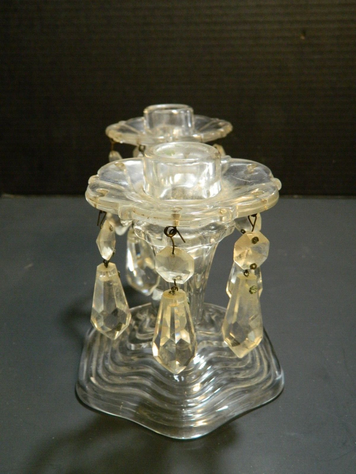 Vintage Duncan Miller Caribbean Double Candelabra w/ Short Crystals 6.5″x8″ Exc