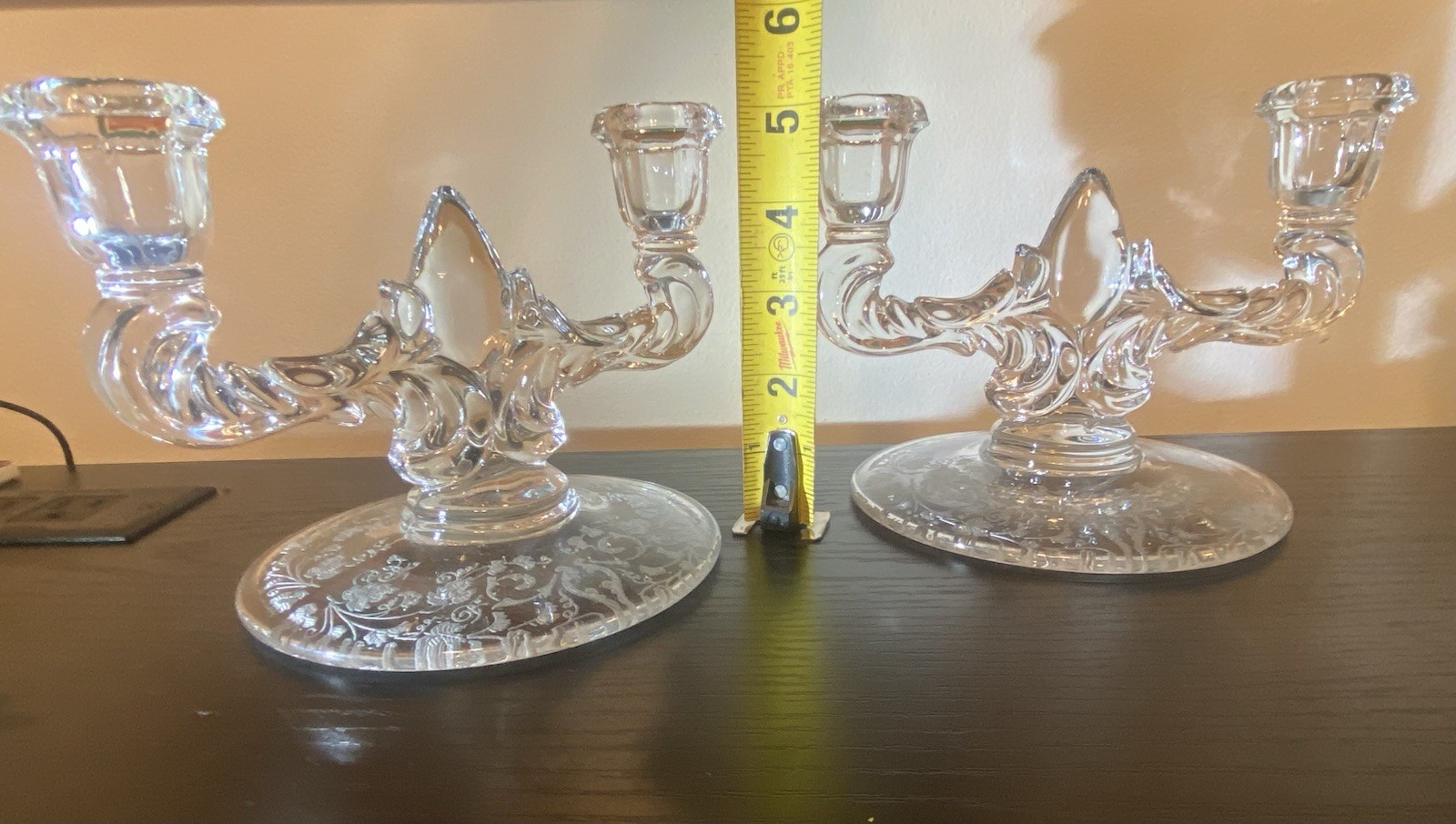 Pair Vintage Clear Glass Double Arm Candle Holders Etched Floral Base Elegant