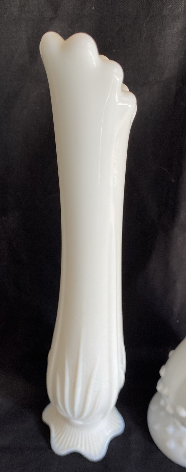 Fenton Milk Glass Cactus Agave & Hobnail Pattern Swung Bud Vases 10 & 9.5” Tall