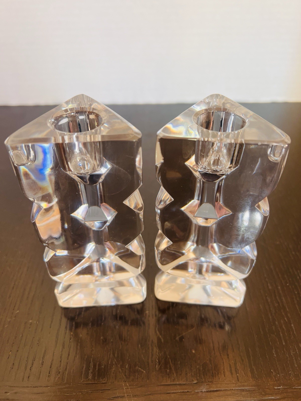 Vintage Rogaska Signed Crystal Candlestick Holders Pair Modernist Prism Triangle