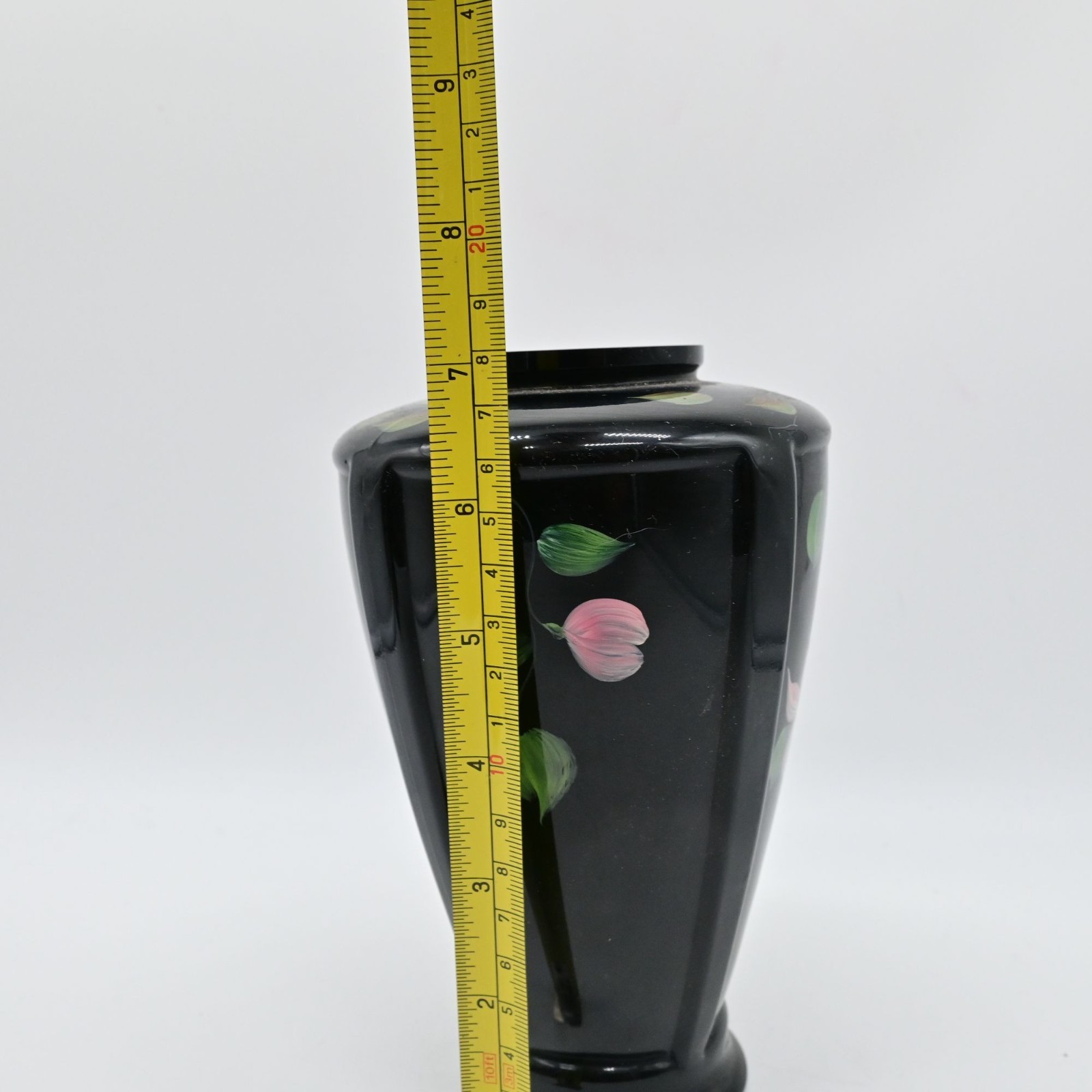 Fenton Black Ebony Floral Hand Painted Paneled Vase