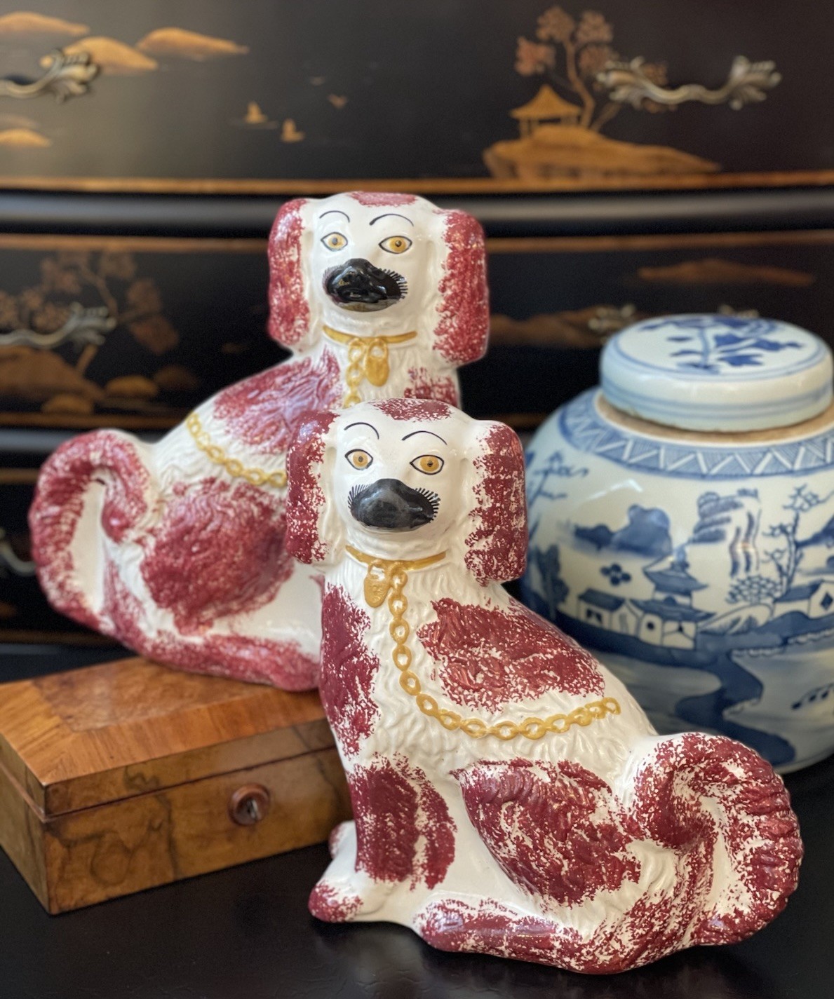 Magnificent Rare 19C English Staffordshire Spaniel Mantle Dog Pair Burgundy 9.5”
