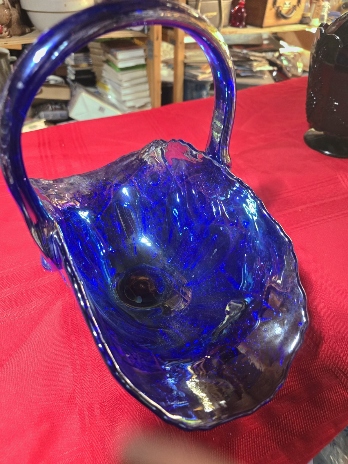 Vintage Cobalt Blue Carnival Glass Basket Iridescent Ruffled Edge 12″ Long