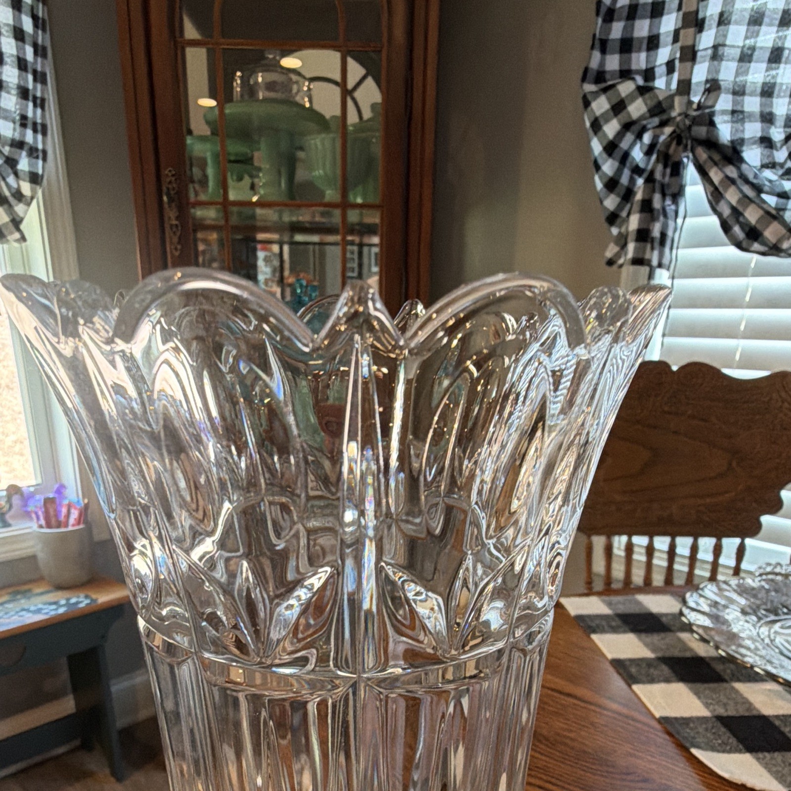 Crystal Glass Footed Pedestal Vase, Fluted with Scalloped Rim, Decorative