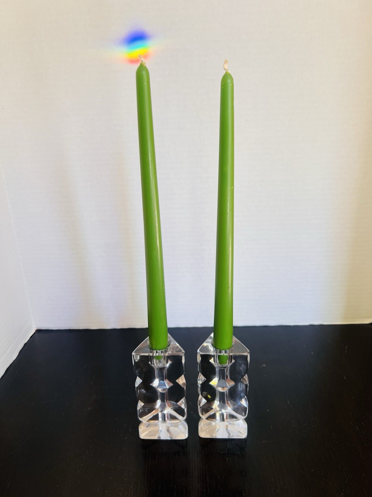 Vintage Rogaska Signed Crystal Candlestick Holders Pair Modernist Prism Triangle