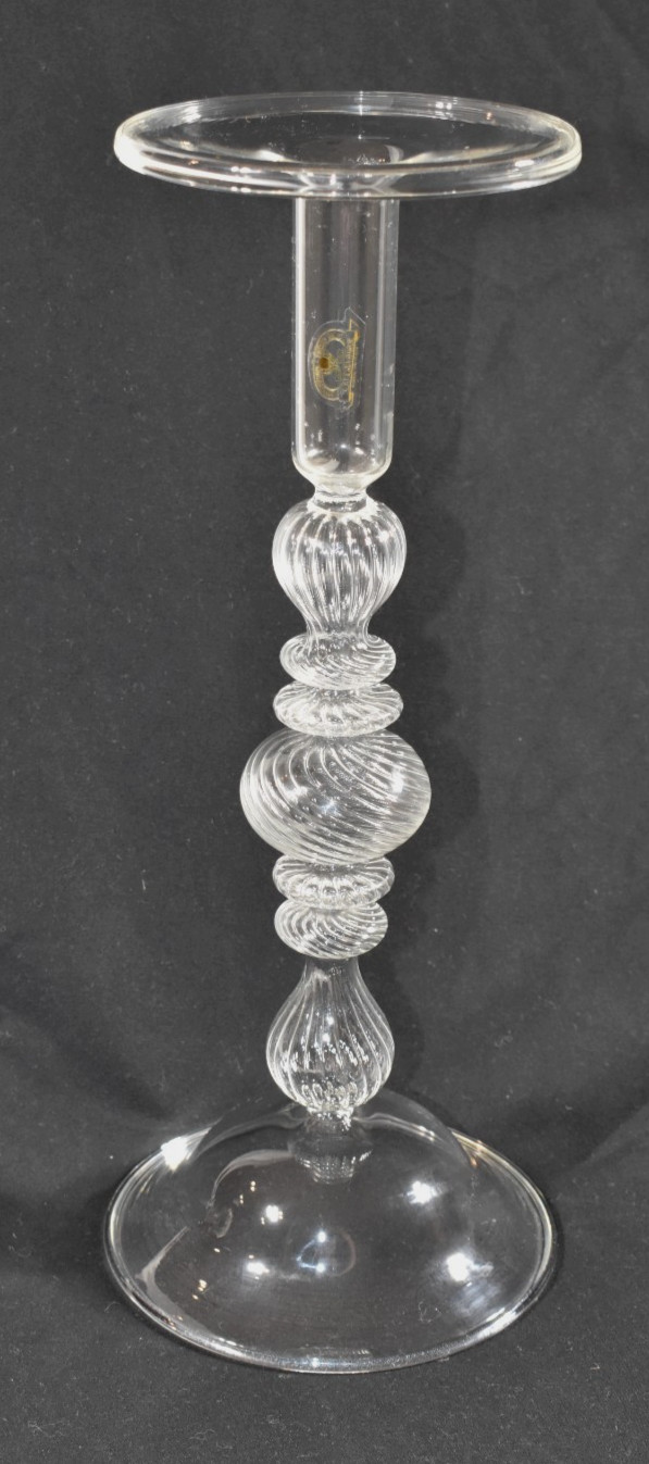 Vetro Soffiato Soffieria Parise 13.5″ Clear Blown Art Glass Candle Holder Swirl